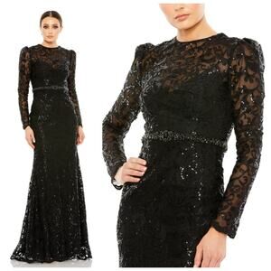 Mac Duggal 68011 Black Sequin Lace Formal Gown Long Sleeve Sheath Size 6